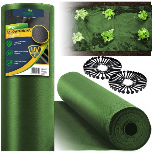 Agrowłóknina ogrodowa 1,6 m x 50 m + 100 szpilek Plonos - zielona