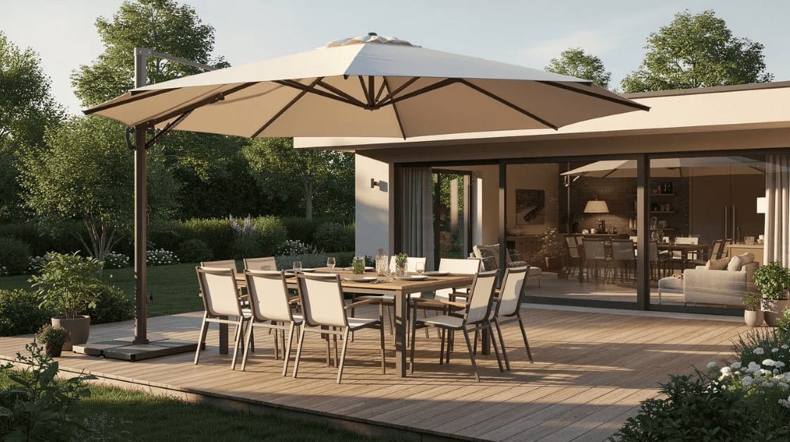 Na rozległym tarasie z jadalnią na świeżym powietrzu znajduje się duży parasol ogrodowy, który zapewnia przyjemny cień i komfortowy wypoczynek. Parasol tarasowy o solidnej konstrukcji doskonale sprawdza się w słoneczne dni, tworząc estetyczną przestrzeń do relaksu.