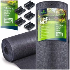 Siatka cieniująca 1,5x50m 140g/m2 + 50 zacisków szara